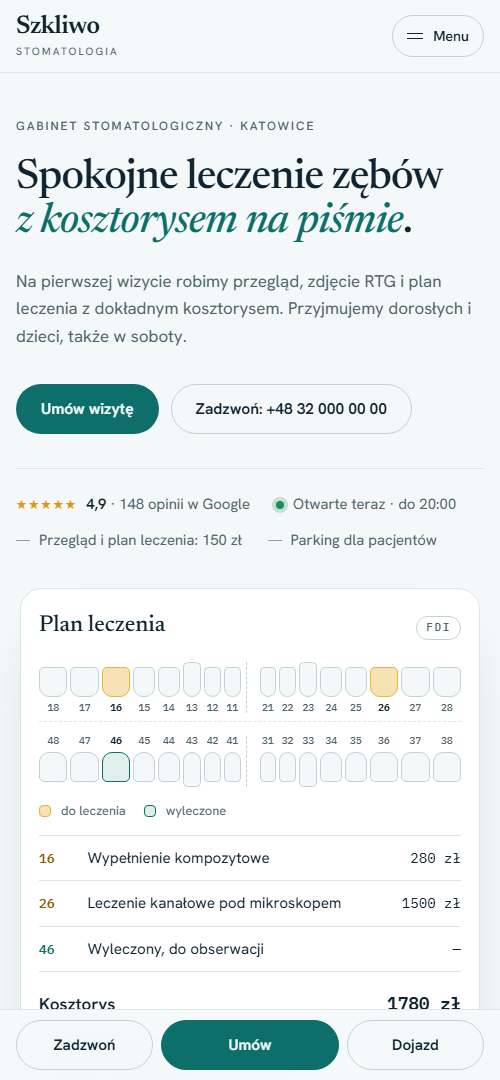 Przykładowa strona gabinetu stomatologicznego na telefonie