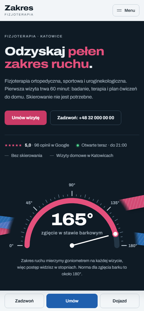 Przykładowa strona fizjoterapeuty na telefonie